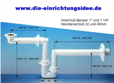 Raumspar - Siphon, Wandanschluss 32 + 40mm