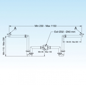 Raumspar - Siphon, Wandanschluss 32 + 40mm - Doppelwaschtisch