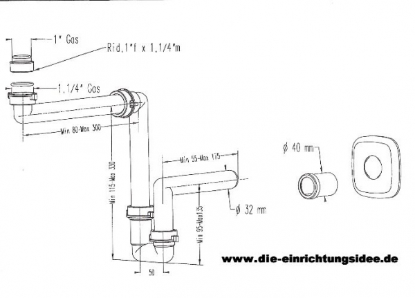 Raumspar - Siphon, Wandanschluss 32 + 40mm