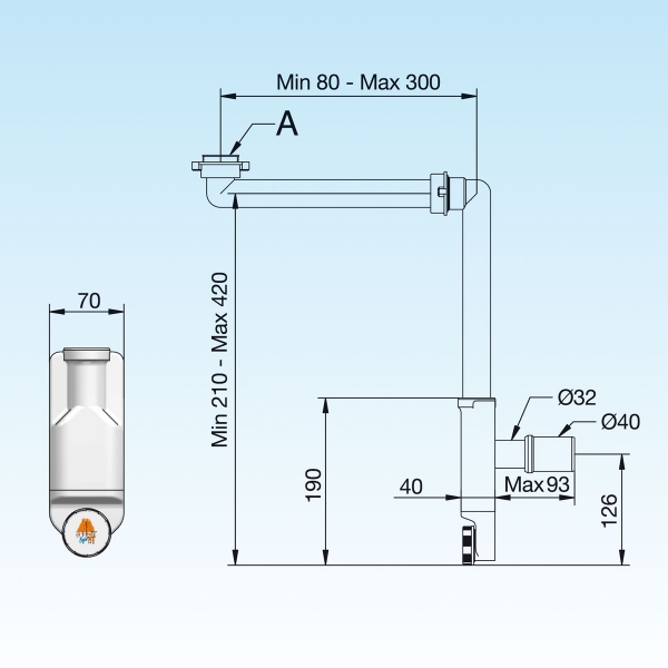 Raumspar - Siphon 1 1/4",  super platzsparend, ideal für Behindertenwaschtische, Wandanschluss 32 + 40mm A.8274.01