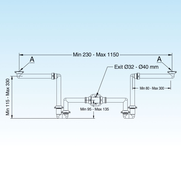 Raumspar - Siphon, Wandanschluss 32 + 40mm - Doppelwaschtisch