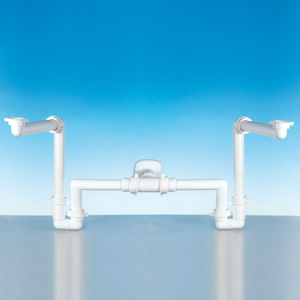 Raumspar - Siphon, Wandanschluss 32 + 40mm - Doppelwaschtisch